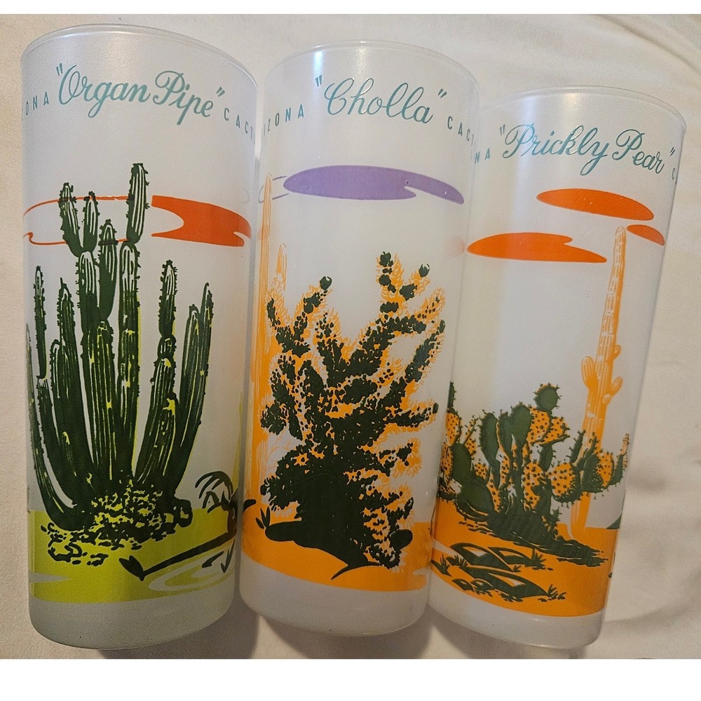 Vintage Blakely Oil & Gas Frosted Glass Arizona Cactus Tumblers Set of 3 Barware